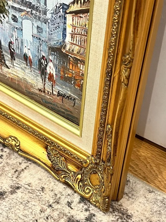 Vintage Oil Painting Parisian Street Gold Tone Ornate Frame 13" x 15" - Picture 7 of 14